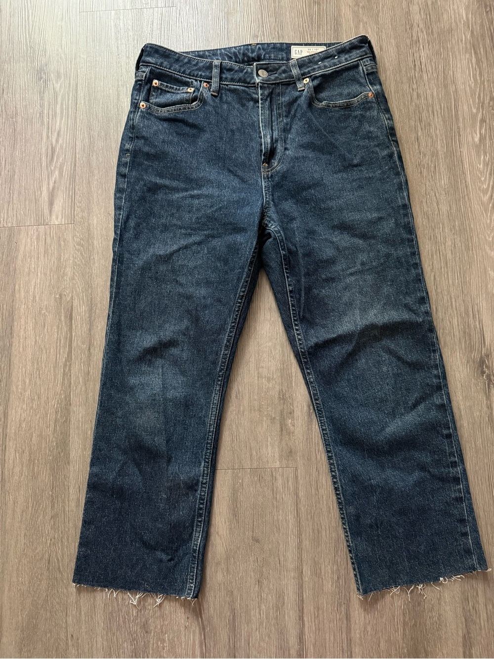 GAP Women’s Straight High Rise  90’s Jeans in Dark Blue Denim Distressed Cropped
